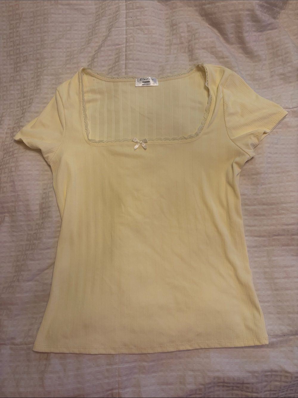 Electric Family Light Yellow Ribbed Square-Neck Tee with Bow